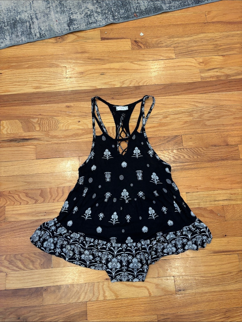 Free People Black Floral Lace-Up Racerback Tank